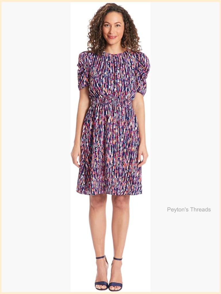 Pleated Jewel Neck Ruched Sleeve Inset Waist Midi Dress